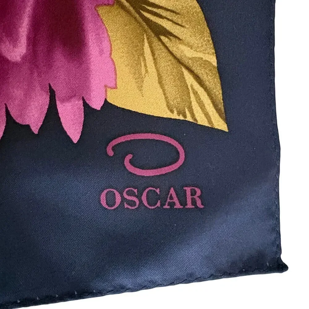 Vintage Y2K Oscar by Oscar de la Renta Long Silk Navy Floral Logo Scarf 11 x 52